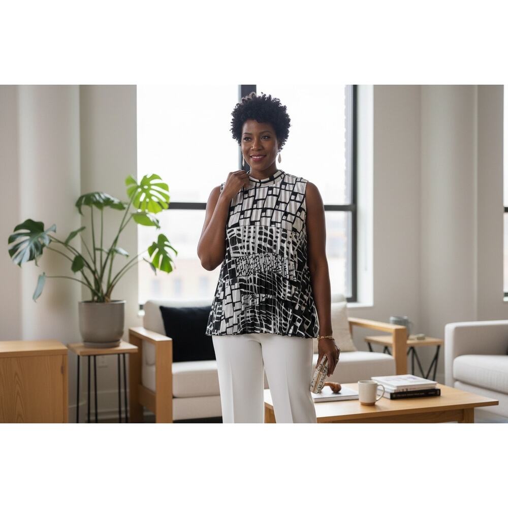 Lane Bryant Black White Geometric Sleeveless Pleated Top 14/16